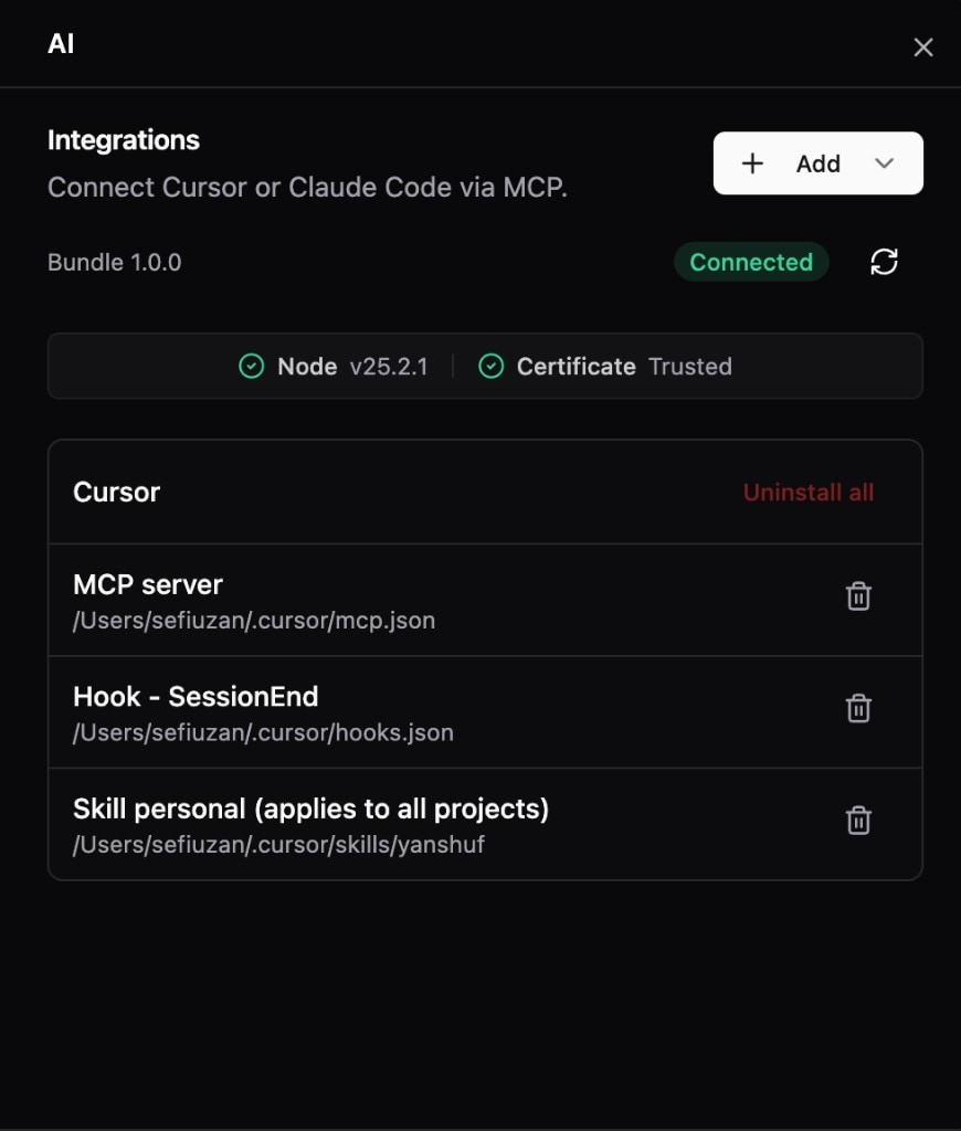 The Yanshuf AI Integration settings. Cursor, the MCP server, the hooks, and the skills are connected.