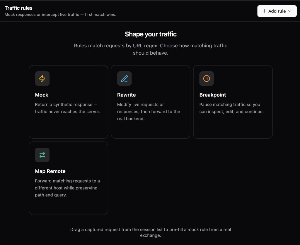 The Yanshuf rules screen. It shows the Mock, Rewrite, Breakpoint, and Map Remote actions.